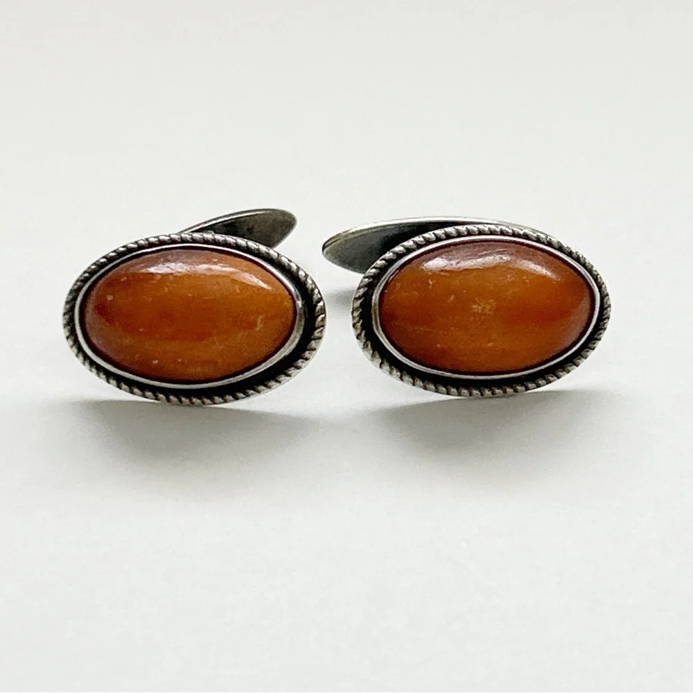 Vintage Baltic Butterscotch Amber Sterling Silver Cuff Links